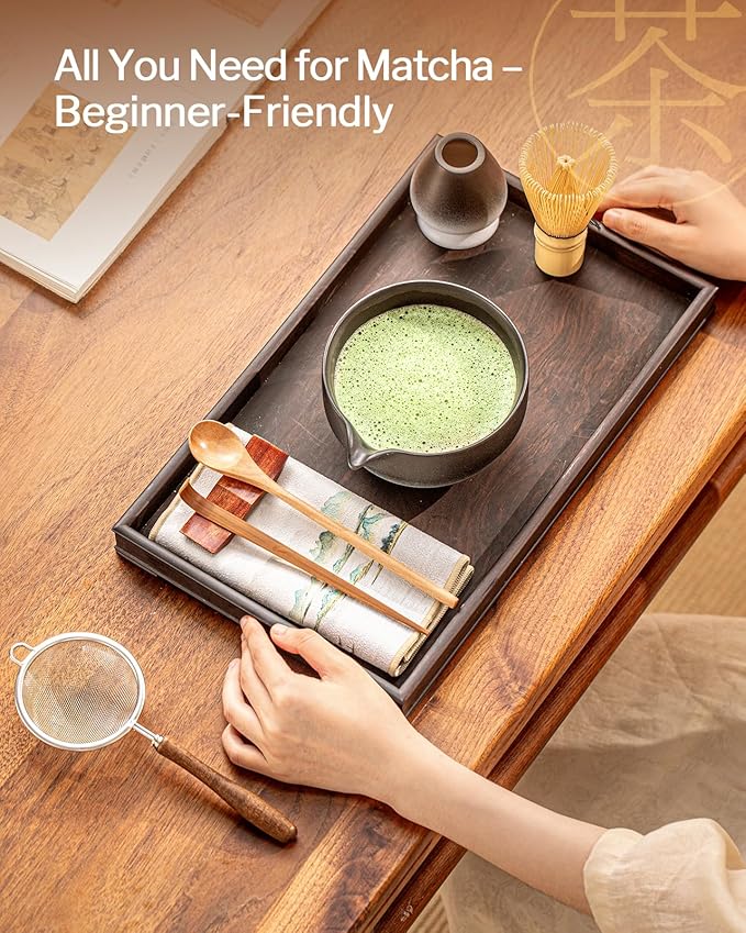 Artisan Matcha Whisk Set - 8 Pcs Premium Matcha Set with Bowl (Chawan), Bamboo Whisk & Tools | Matcha Kit for Making Breakfast/Latte | Gift for Matcha Lovers (Black)