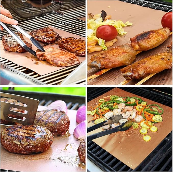 Renook Grill Mats for Outdoor Grill, Set of 6 Copper Grill Mat, Non-Stick and Reusable BBQ Copper Sheets for Gas Grilling Charcoal Electric Barbecue Cooking Accessories, PFOA Free, 15.75 X 13in