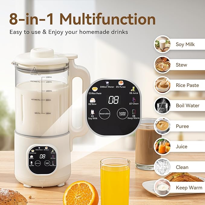 8 in 1 Nut Milk Maker Blender With 20 Bladers,40oz Soy, Almond, Oat, Coconut, Plant Based and Non Dairy Beverages, Automatic Soybean Machine With Delay Start/Keep Warm/Boil Water/Auto-clean