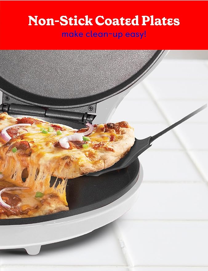 Betty Crocker Pizza Maker Plus, 12" Indoor Electric Grill, Nonstick Griddle Pan for Pizzas, Quesadillas, Tortillas, Nachos and more, 12" Electric Griddle for Delicious Meals and Snacks, White
