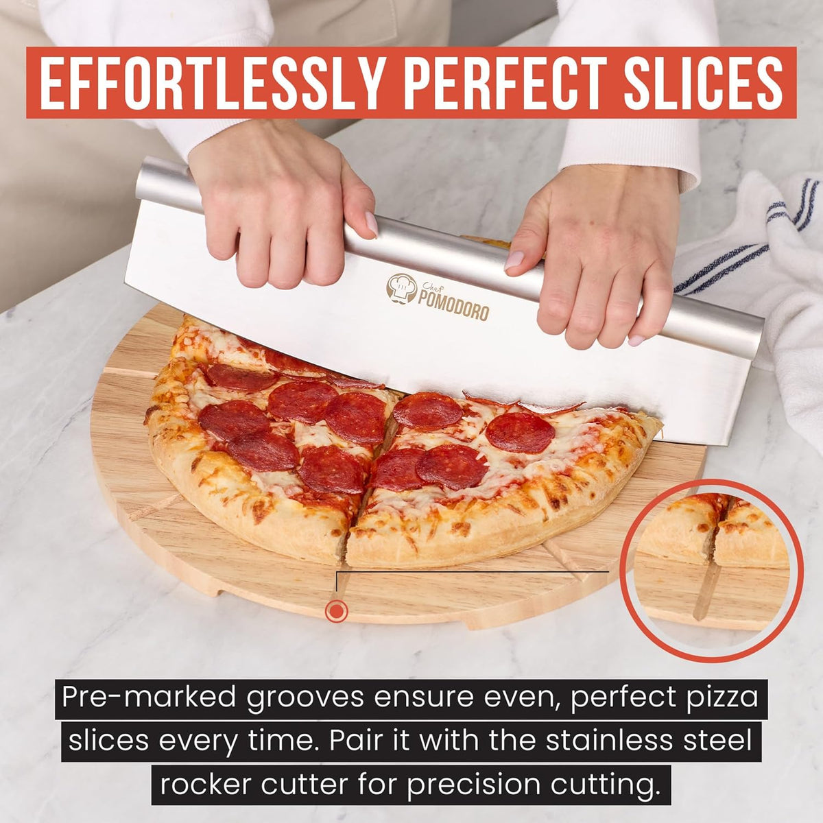 Chef Pomodoro 14" Pizza Cutter Rocker Blade and Pizza Cutting Board Set – Premium Stainless Steel Pizza Slicer with Wooden Pizza Serving Board – Pizza Wooden Board with Pizza Cutting Guide
