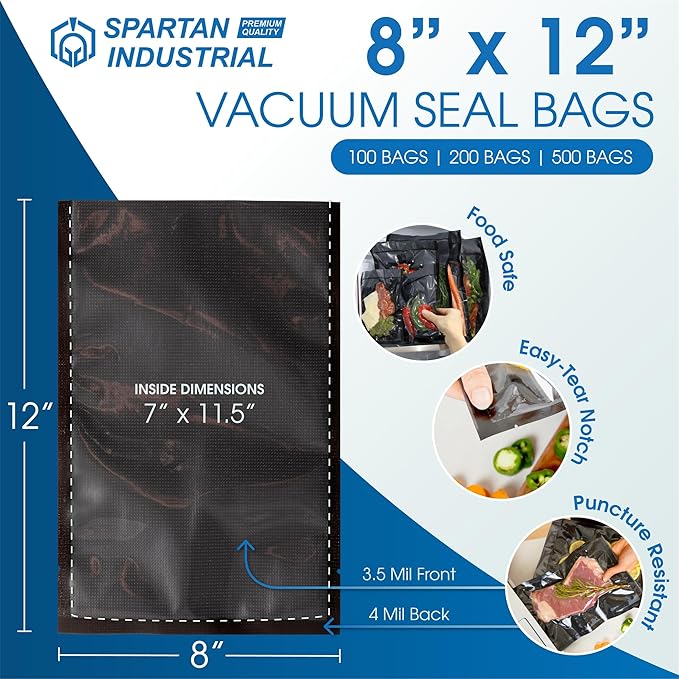 Spartan Industrial 8" X 12" Vacuum Seal Bags - 100 Count BPA-Free Food Storage Bags for Marinating, Freezing, Sous Vide Cooking