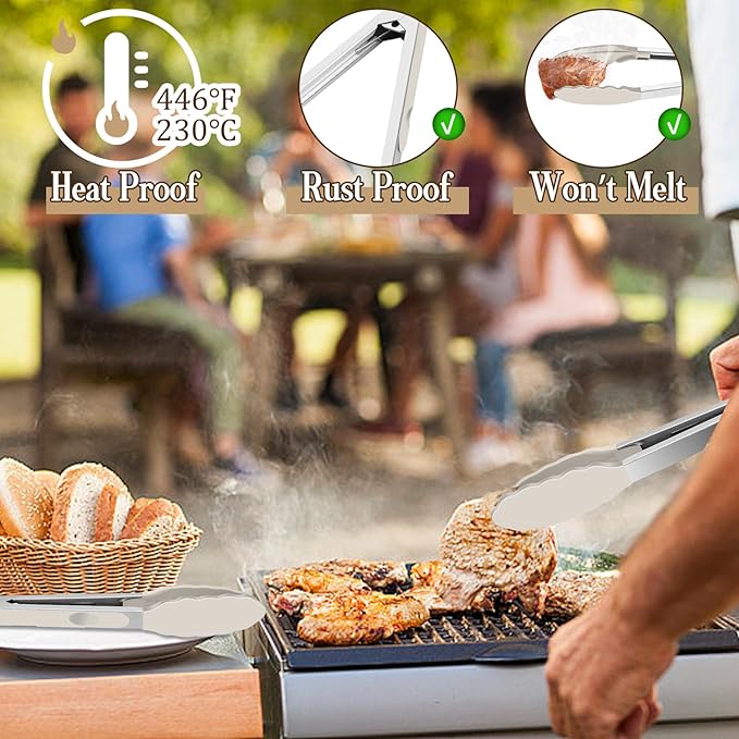 TeamFar Kitchen Tongs, 9" and 12" Stainless Steel Cooking Tongs with Silicone Tips for Cooking Grilling Serving & BBQ, Heat Resistant Silicone Tongs, Locking Design & Dishwasher Safe, Set of 2 & Khaki