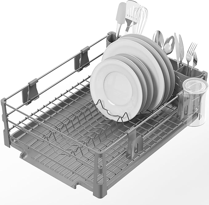 Simple Houseware Dish Drying Rack with Drainboard, Utensil Holder & Mug Hooks, Silver Metal Kitchen Counter Organizer