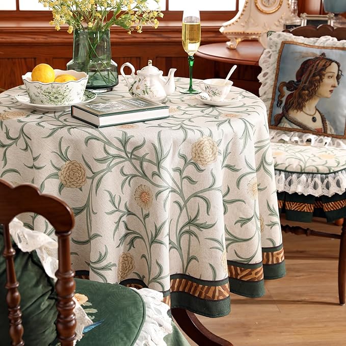 patdrea Designer Vintage Linen Round Tablecloth,French Table Cloth with Floral Pattern,Provencal Decoration Table Cover for Kitchen Dining,Christmas,Thanksgiving,Diameter 55"-Littledaisy