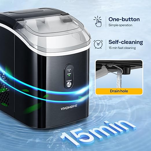 VIVOHOME Countertop Ice Maker 33lbs/Day Chewable Nugget Ice Cube Maker Machine 10 Ice Bags Self Cleaning Ice Cube Maker Black