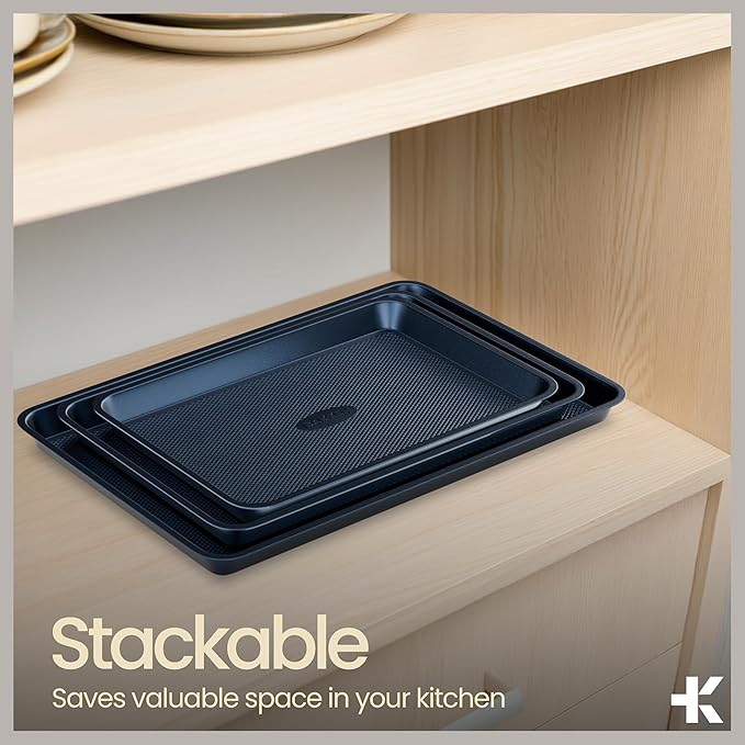 BAKKEN Kitchen Baking Pans - Nonstick Blue Coating, 13.58’’ × 9.65’’ Commercial Grade Carbon Steel Cookie Sheet, Diamond Texture Bottom, PFOA, PFOS, PTFE Free, Oven Safe Tray (450°F), Blue
