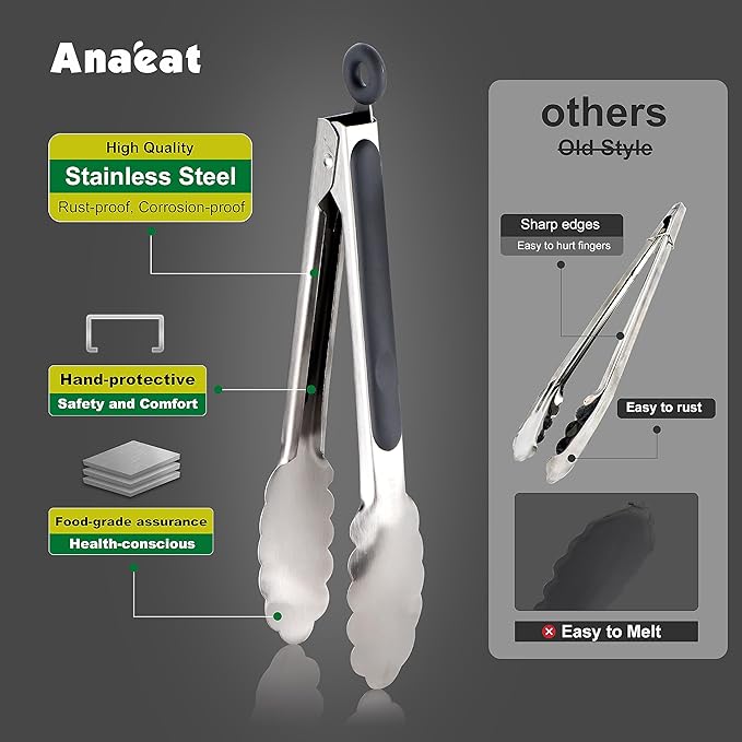 Anaeat Stainless Steel Locking Tong Set of 3 - Premium 7, 9 and 12 inch Kitchen Food Tongs with Non-Slip Silicone Tips and Grip for Serving, Cooking, Baking and BBQ - Heavy Duty & Heat Resistant