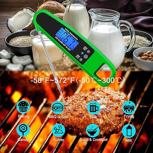 Instant Read Meat Thermometer for Kitchen Cooking, Ultra Fast Precise Waterproof Digital Food Thermometer with Backlight, Magnet and Foldable Probe for Deep Fry, Outdoor BBQ, Grill(Green)