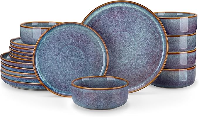 vancasso PLAYA Plates and Bowls Sets, 18 Pieces Grey-Blue Dinnerware Sets for Kitchen, Reactive Glaze Dishes Set for 6, Dishwasher and Microwave Safe
