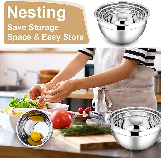 E-far Mixing Bowls with Lids, 6-Piece Stainless Steel Salad Bowls Metal Nesting Bowls for Baking Cooking and Prepping, Airtight Lids & Stackable Design, Size 4.5, 3, 1.5 QT (Khaki)