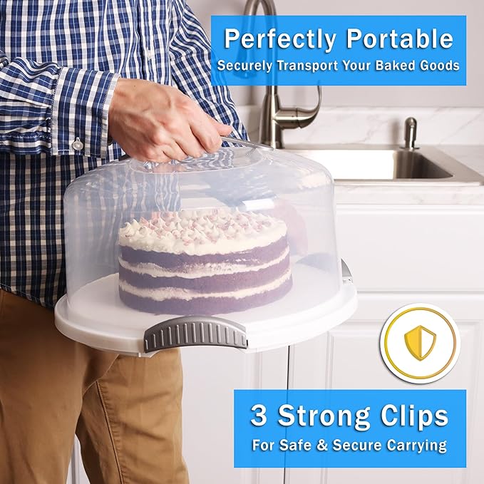 Extra Large Cake Carrier/Storage Container With Server - Holds up to 12 Inch 3-Layer Cake, Plate With Lid/Holder With Lid/Cover Clear Dome - Transports Pies or Other Desserts