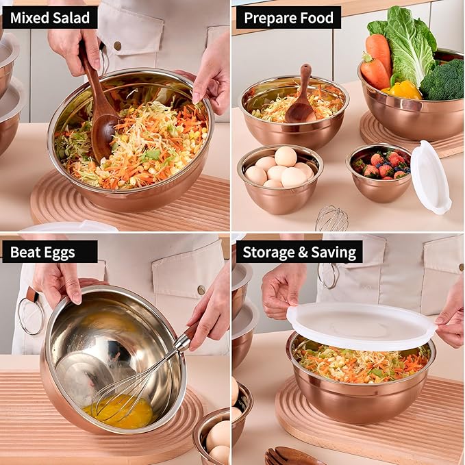 Rose Gold Mixing Bowls with Lids Set of 7, Stainless Steel Nesting Bowl with Khaki Lid for Non-slip Mixing Prepping Storing Serving, 7 Sizes-7/3.6/2.7/2.1/1.5/1/0.8 QT