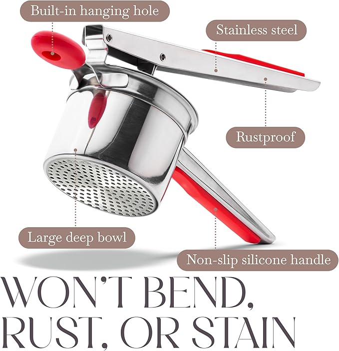 Bellemain 15 oz Large Potato Ricer | Heavy-Duty Stainless Steel Potato Ricer & Masher | Perfect for Mashed Potatoes | Kitchen Tool with Fixed Disc (Red)