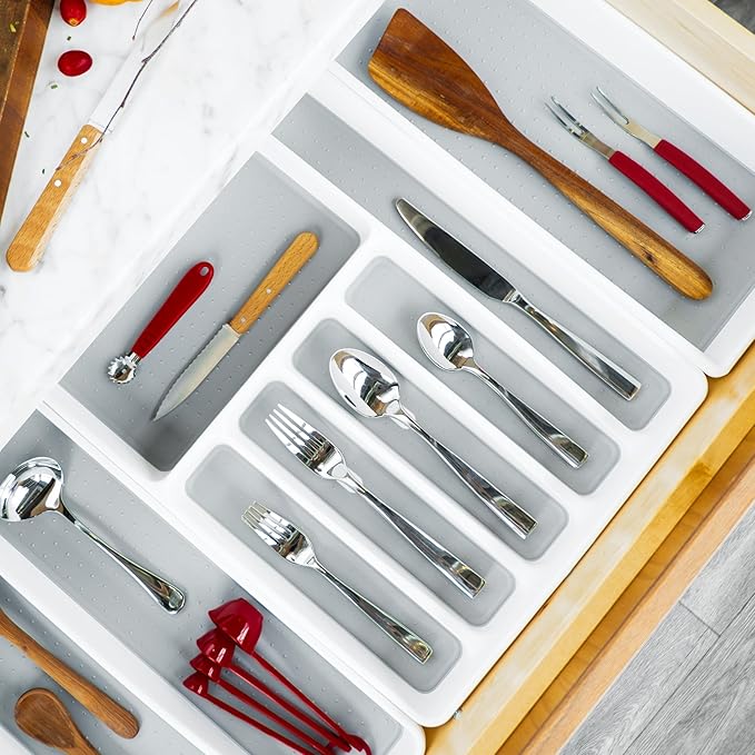 madesmart Classic Large Silverware Tray - White |CLASSIC COLLECTION | 6-Compartments| Kitchen Drawer Organizer | Soft-Grip Lining and Non-Slip Rubber Feet | BPA-Free (Pack of 6)