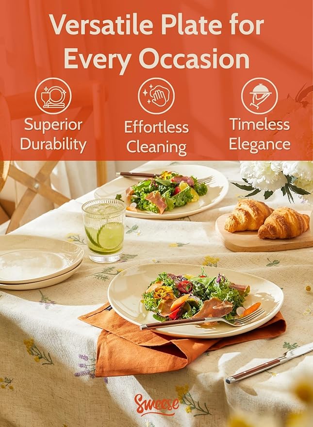 Sweese 11 Inch Porcelain Dinner Plates, Set of 6 - Beige, Vitrified China, Curve Collection, Dishwasher Microwave Safe