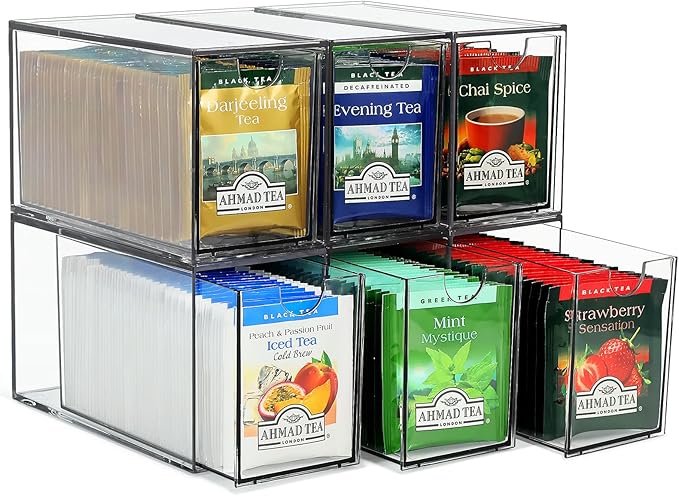 6 Tea Bag Organizer and Storage, Acrylic Tea Bag Holder Organizer, Plastic Tea Drawer Container for Cabinet