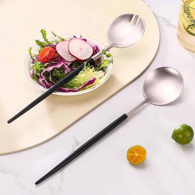 Lemeya Silver Black Salad Serving Utensils,Serving Spoons Stainless Steel,2Pcs Long Handle Salad Servers 11.42 Inch,Salad Utensils for Serving,Matte Finish,Dishwasher Safe
