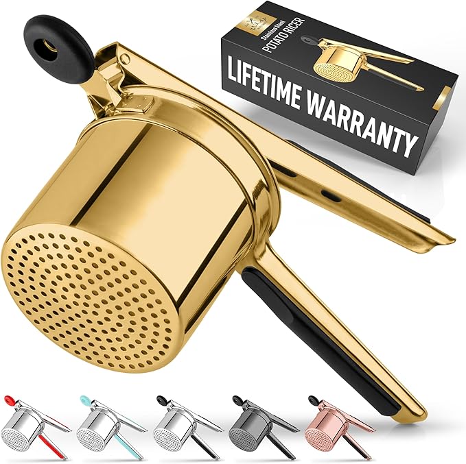 Zulay Kitchen Large 15oz Potato Ricer, Heavy Duty Stainless Steel Potato Masher and Ricer for Mashed Potatoes, Mashed Potato Masher & Potato Press Gadget for Perfect Mashed Potatoes - Gold/Black