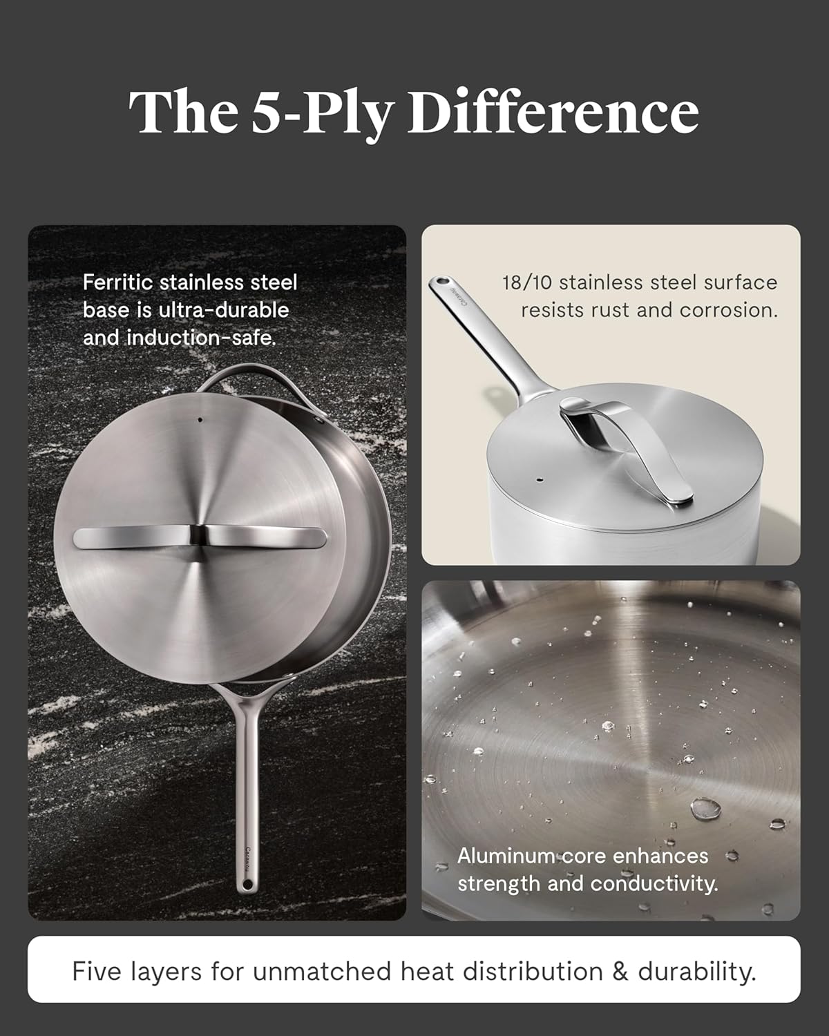 Caraway Stainless Steel Sauce Pan (3 Qt) - 5-Ply Stainless Steel - Oven Safe & Stovetop Agnostic - Non Toxic, PTFE & PFOA Free