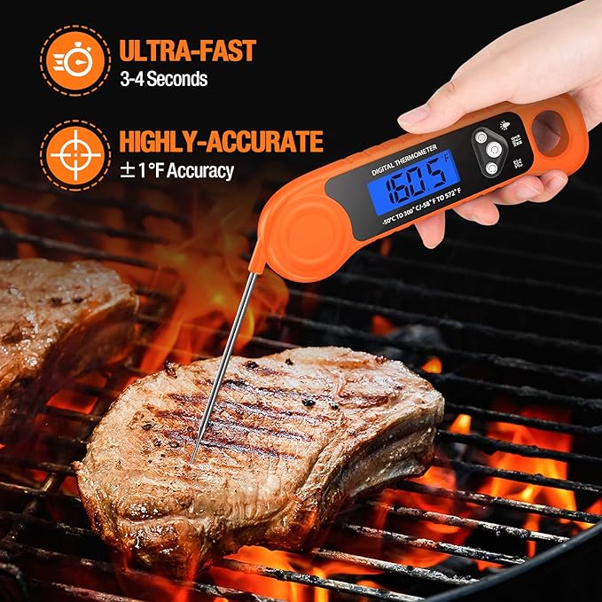Digital Meat Thermometer for Grilling, Candy Thermometer Instant Read Food Thermometer Waterproof with Backlight for Cooking, Deep Fry, BBQ, Grill, Smoker and Roast (Orange)