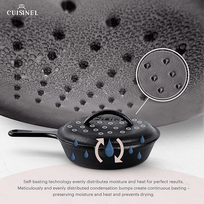 Cuisinel Cast Iron Skillet with Lid - 8"-inch Pre-Seasoned Covered Frying Pan Set + Silicone Handle and Lid Holders + Scraper/Cleaner - Indoor/Outdoor, Oven, Camping Fire, Grill Safe Kitchen Cookware