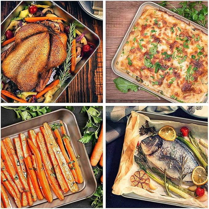 E-far Baking Pans Set of 2, 12.4” x 9.6” x 2” Stainless Steel Rectangular Cake Pans, Baking Sheet Pan for Lasagna Brownies Casseroles, Non-toxic & Healthy, Dishwasher Safe