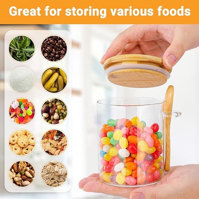 Glass Jars with Bamboo Lids - 4 Pack 15 Fl.oz Round Glass Storage Jars with Airtight Lid and Spoon, Clear Stackable Food Container for Overnight Oats, Spice, Coffee, Sugar, Tea Canister