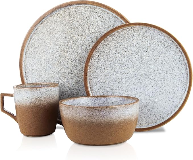 Stone Lain Vince Rustic Stoneware Reactive Glaze Dinnerware Set, Service for 4, Brown, 16 Piece