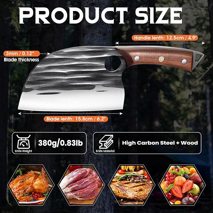 ROCOCO Serbian Chef Knife Butcher Cleaver Knife with Sheath for Kitchen Outdoor BBQ Camping Birthday Father Mother Christmas Gift Men 6.2"