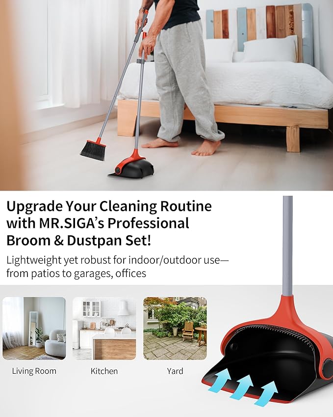 MR.SIGA Broom and Dustpan Set with Long Handle, Stand Upright Broom with Dustpan Combo for Floor Cleaning, Lightweight Sweeping Set for Indoor and Outdoor Use, 51.7"(131 cm) Long Handle, Black & Red