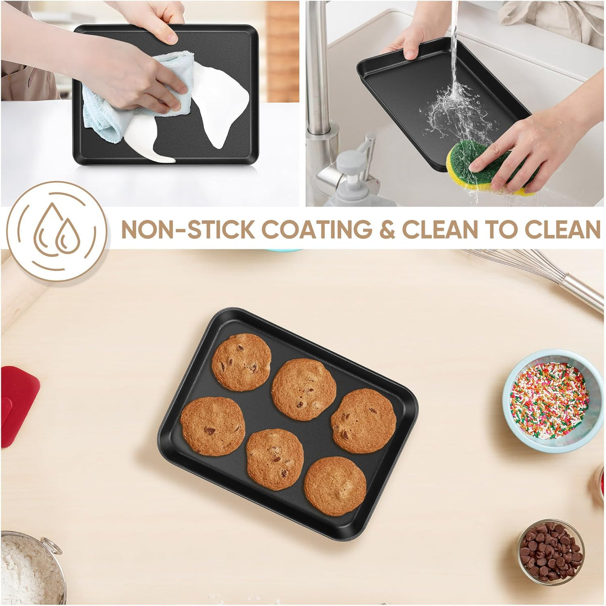 E-far Baking Sheet Set of 2, 9" x 7" x 1" Small Cookie Sheet Pan for Baking, Nonstick Carbon Steel Baking Trays for Toaster Oven, Heat-Resistant & Easy Clean, Black