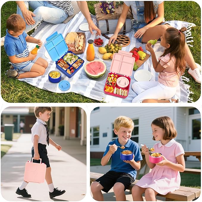 MAXSO Bento Lunch Box Set with 8 oz Soup Thermo, Kids Leakproof 4 Compartments Hot Food Container with Sauce Cup, Ice Pack and Lunch Bag, Child Insulated Food Jar for School - Pink