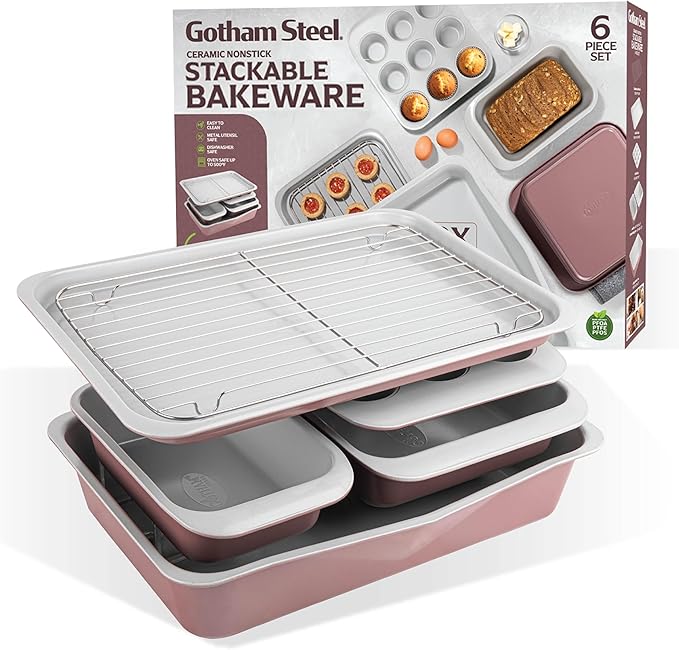 Gotham Steel 6 Pc Stackable Baking Pans Set, 70% Space Saving Design, Ceramic Bakeware Sets Non Toxic Made Without PFOA PFOS, with Baking Sheet Tray, Cake & Muffin Pans, Oven & Dishwasher Safe