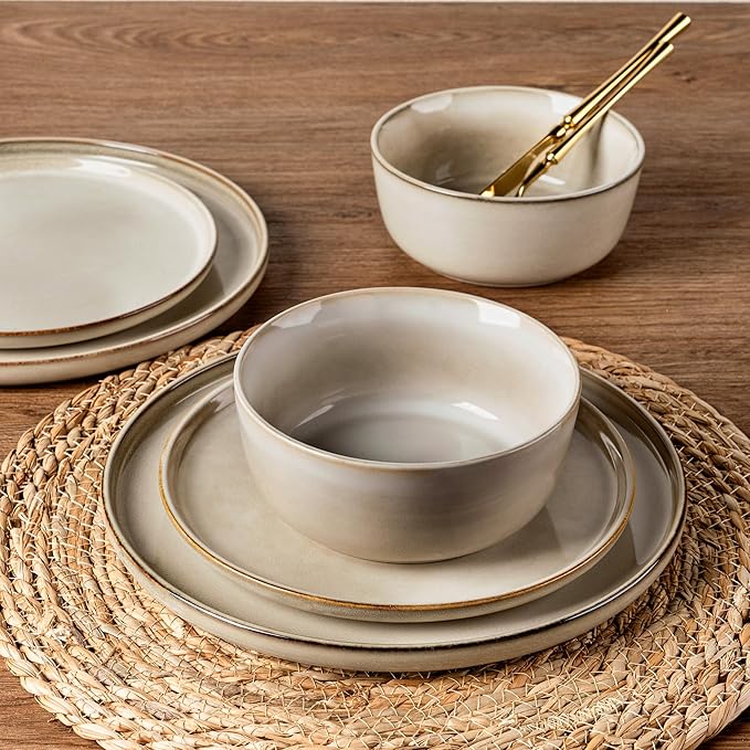 AmorArc Stoneware Dinnerware Sets,Round Reactive Glaze Ceramic Plates and Bowls Sets,Highly Scratch Resistant | Microwave & Dishwasher Safe,Cappuccino,Service for 8 Dishes Set
