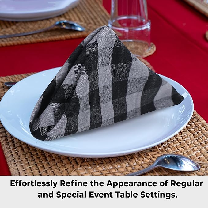 Urban Villa Cotton Dinner Napkins Set of 12, Highly Absorbent Soft Premium Cloth Napkins 20x20 Inches, Hotel Quality Reusable & Washable Table Dinner Napkins for Home - (Grey/Black, Buffalo Checkerd)