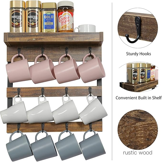 OROPY Coffee Mug Rack Wall Mounted, Rustic Wood Cups Rack with 12 Hooks and Storage Shelf, for Home Kitchen Display and Collection (Rustic Brown)