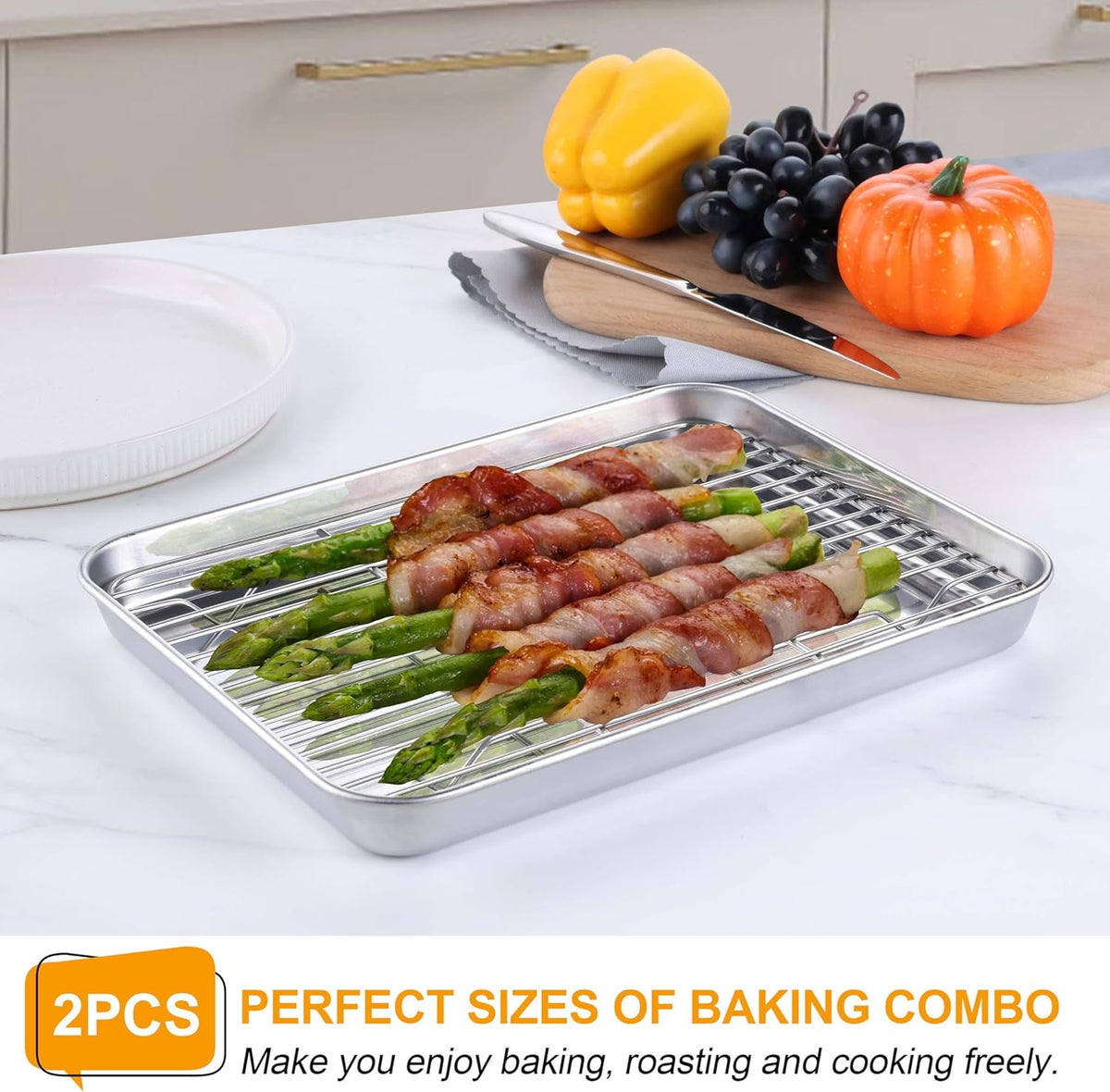 Homikit Baking Sheet with Wire Rack, 9 x 7 Inch Stainless Steel Cookie Sheets for Baking, Small Baking Pan with Cooling Rack, Nonstick Metal Mini Toaster Oven Bacon Tray, Rust Free & Dishwasher Safe