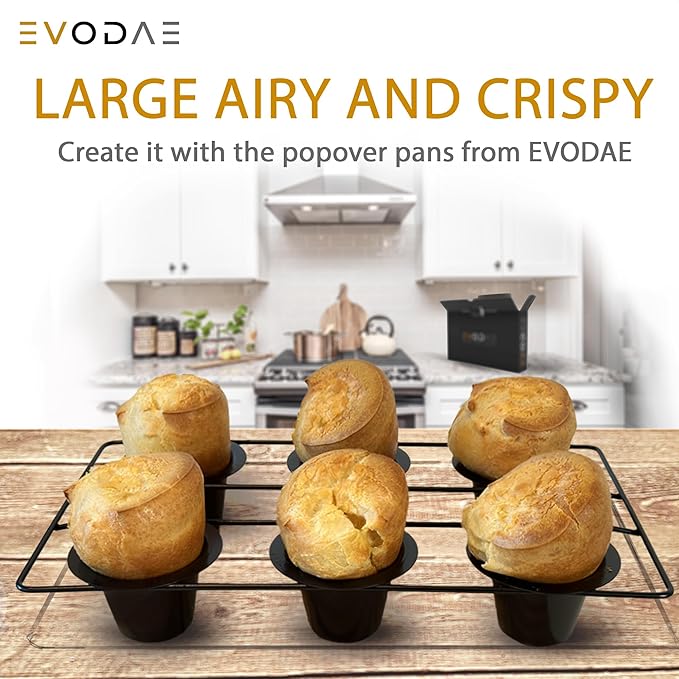 EVODAE® Popover Pans Set of 2 – 12-Cup (2×6) Pro-Grade Carbon Steel, Strong & Durable Build – Nonstick, PFOA & PTFE Free – Popover & Yorkshire Pudding Pan – Carefully Packaged in a Clean Black Box