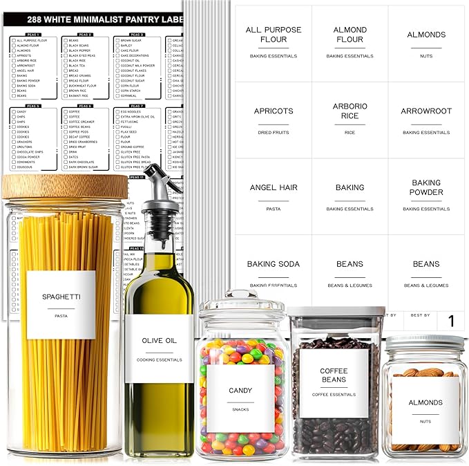 288 Pantry Labels for Food Containers, Preprinted Minimalist Waterproof Stickers for Organizing Storage Bins, Jars and Kitchen