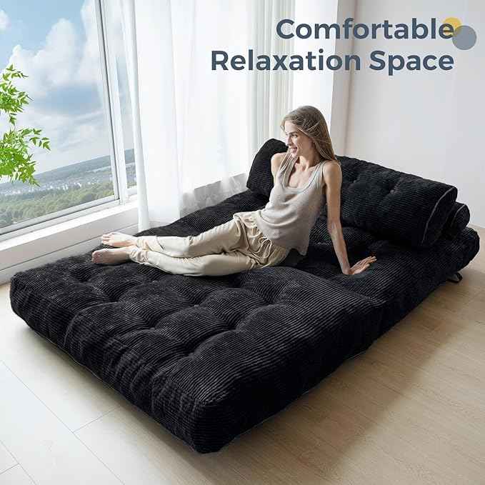 MAXYOYO Folding Sofa Bed, Convertible Sleeper Chair with Pillow Foldable Matress with Back Support, Portable Fold Out Chair Bed Comfy Floor Sofa Lounge for Living Room Bedroom, Black Double