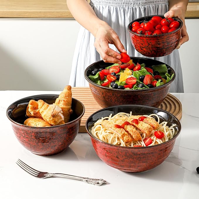 Hasense Mixing Bowls, 2.1/1.5/1.0/0.5 Qt, Nesting Bowls for Cooking, Baking, Ceramic Serving Dishes Set of 4 for Salad, Fruits, Popcorn, Thanksgiving Christmas Gift, Dishwasher & Microwave Safe, Red