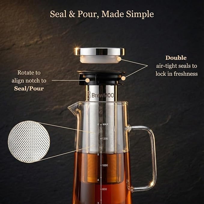 BrewMOO- Airtight Cold Brew Coffee Maker Pitcher, 1.4L/48Oz Thick Glass Carafe with Filter, Comfort Sturdy Handle & Wide Spout, Non-Slip Base | Iced Tea Maker (Black)