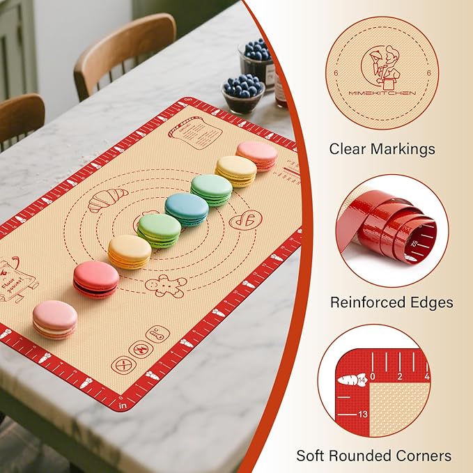 Extra Thick Silicone Baking Mat with Recipes - 26x16 inch Non Stick Pastry Mat with Measurements for Sourdough, Macarons, Bread, Pizza, Dough Rolling, Kneading, Heat Resistant to 480°F Gift for Baker