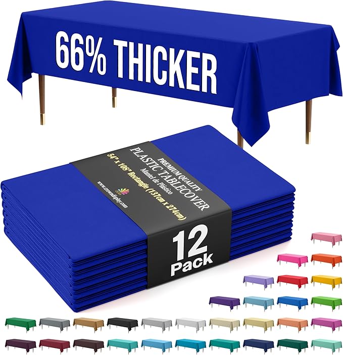 Party Solids 66% Thicker Premium Plastic Table Cloth Rectangle Table Cover 0.5 Mil 12 Pack Dark Blue Table Cloth 54 Inch x 108 Inch Disposable Tablecloth Won't Tear Easily Like Cheap Thin Brands