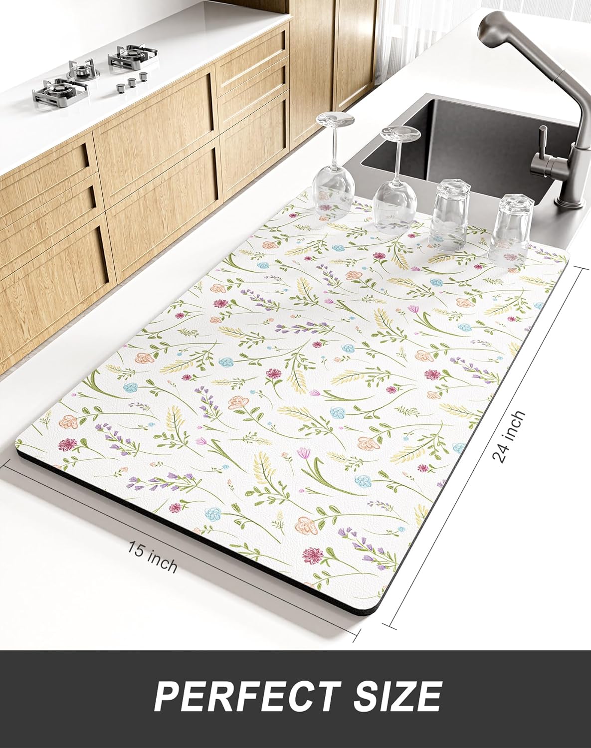 Rnivvi Dish Drying Mat for Kitchen Counter, XL 15 x 24" Cute Flower Theme Absorbent Draining Pad, Non-Slip Heat Resistant Coffee Bar Mat for Coffee Machine Station Accessories, White Dish Rack Pad