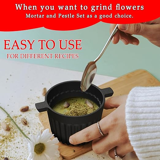 UKEMEN Cast Iron Mortar and Pestle Set, 3-Piece Small Garlic Grater Plate with Brush and Scoop, Heavy Duty Muddler and Bowl Grinder Set Perfect for Guacamole/Spices/Herbs/Solid/Metal/Glass/Rock