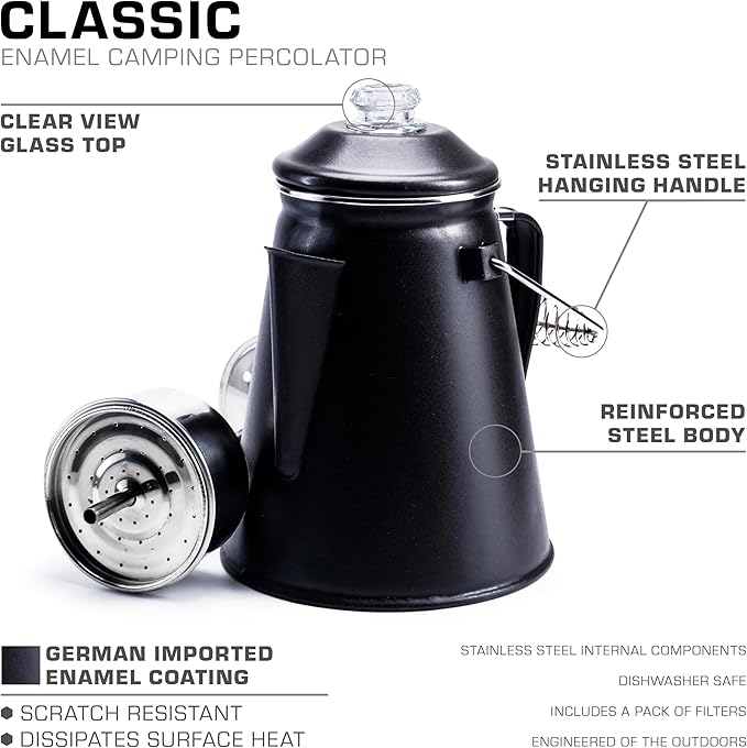 COLETTI Classic Percolator Coffee Pot — The Most Nostalgic Camping Coffee Pot, Now Modernized [Matte Gray Enamel, 12 Cup]