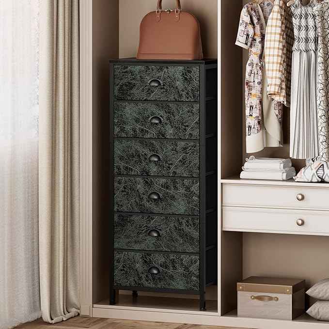 Furnulem Vertical Dresser for Bedroom,Tall Storage Tower Unit and Chest with 6 Drawers,Vintage Green Nightstand Furniture with Fabric Drawer Organizer in Dorm, Living Room,Closet,Entryway,Hallyway
