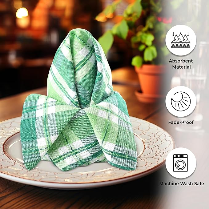 Urban Villa St Patrick Cloth Napkins 100% Cotton Dinner Napkins (Set of 12) 20x20 Inches Soft Reusable Washable Absorbent Table Dinner Napkins St Patricks Plaid Napkins